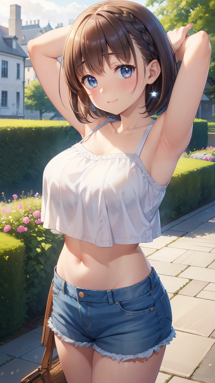 aichan, blue eyes, brown hair, short hair, side braid, hairclip, large breasts, (masterpiece:1.2), best quality, high resolution, unity 8k wallpaper, illustration, beautiful detailed eyes, extremely detailed face, perfect lighting, extremely detailed CG, city, garden, light smike, blush, crop top, collarbone, short shorts, arms above head