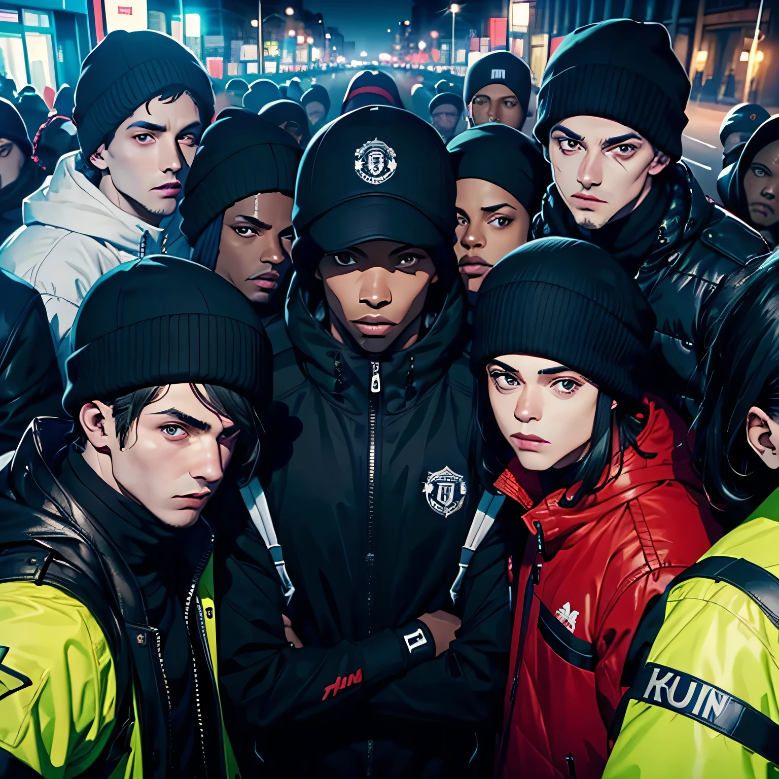 Roadman United Kingdom, Wearing a ski mask, wearing a drip jacket, realisitic, wearing black gloves, surrounded by road men, poses durões,6 peoples,All posing for the camera, ombre,close up of 6 peoples
