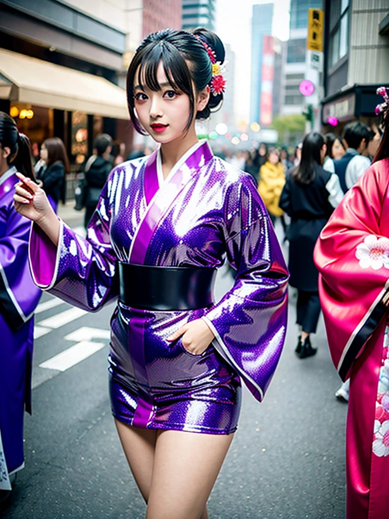 high quality, high resolution, Scenery of the city,Lots of girls,She is wearing a long-sleeved kimono made of super shiny enamel fabric.,The girls in the background are all wearing furisode kimonos made from super shiny enamel fabric.,The lower half of the furisode is cut high-leg and she is wearing black shiny stockings.,Multicolored furisode,Heavy brainwashing makeup,purple mascara,Purple Eyeshadow,Shiny red lipstick,