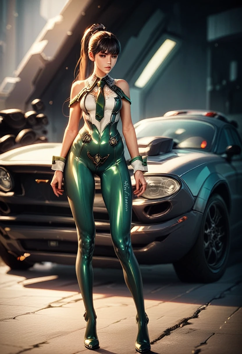 eve (star_blade), One, looking в сторону, bodysuit, tie, land vehicle, standing, looking, brilliant clothes, automobile, the skin is thick, whole body, bare shoulders, lips, green tie, Medium breasts, wrist cuffs, brilliant, sleeveless, high heels, BREAK , zPDXL, check_9, check_8_up, check_7_up, check_6_up, check_5_up, check_4_up