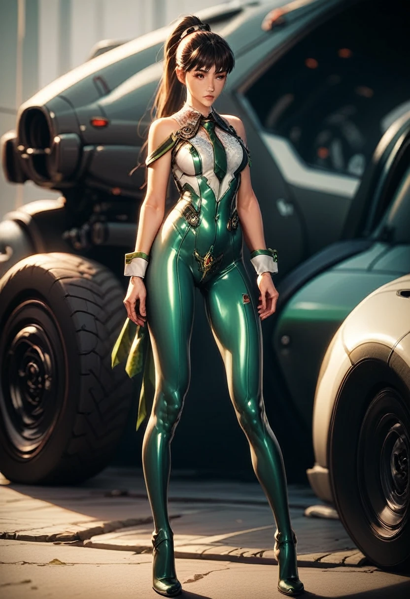 eve (star_blade), One, looking в сторону, bodysuit, tie, land vehicle, standing, looking, brilliant clothes, automobile, the skin is thick, whole body, bare shoulders, lips, green tie, Medium breasts, wrist cuffs, brilliant, sleeveless, high heels, BREAK , zPDXL, check_9, check_8_up, check_7_up, check_6_up, check_5_up, check_4_up