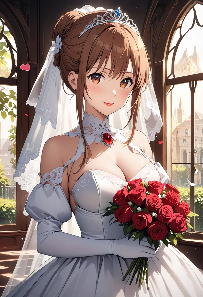 Highest quality、Super detailed、High resolution illustrations、Ultra-high-definition CG、８k size wallpaper、Production Art、Light novel illustrations、（１People Girls)、asuna yuuki, hair bun bridal、bangs, brown hair, brown eyes, bare shoulders, detached sleeves, white dress, Crimson Lipstick、A smile full of happiness、Puff sleeves、hair bun、Bridal Veil、tiara、Cleavage cutouts、Red brooch、Wedding dress、White Dress、White Gloves、Long skirt、White Stockings、White stiletto heels、Holding a bouquet in both hands、Full Body、hyperrealistic、(spoken heart)