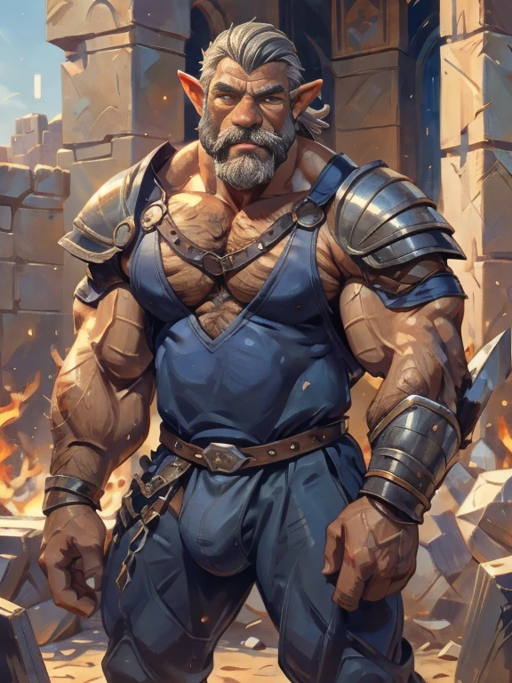 burly virile hairy elf, in a suit of armor, a himbo muscle daddy, middle-aged dilf, hirsute, overmuscular and musclebound, bulging veiny muscles, a warrior's build, a bodybuilder's physique, long bushy and a thick mustache, a square jaw, handsome and dreamy, rugged and manly, grey hair, a gladiator in the arena