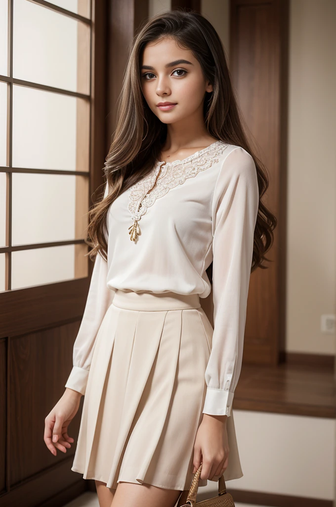 14-year-old girl, young teenage girl, female, adolescent girl, girl, beautiful hair, long flowing hair, shiny hair, detailed hair, soft wavy hair, eyes, bright eyes, captivating eyes, detailed eyes, sparkling eyes, perfect eyes, expressive eyes, face, delicate face, smooth skin, youthful face, radiant complexion, happy expression, smiling face, full lips, modern outfit, stylish modern clothes, fashionable attire, trendy clothes, chic clothing, modest girly outfit, modern ensemble, elegant top, detailed blouse, soft fabric, pastel colors, intricate patterns, lace trim, matching skirt, knee-length skirt, pleated skirt, comfortable shoes, casual sneakers, cute accessories, small handbag, simple jewelry, high-quality image, 8k resolution, perfect image, best image, highly detailed, beautifully rendered, lifelike, photorealistic, ultimate quality, impeccable details, ultra-realistic, crystal clear, stunning visual, high-definition.