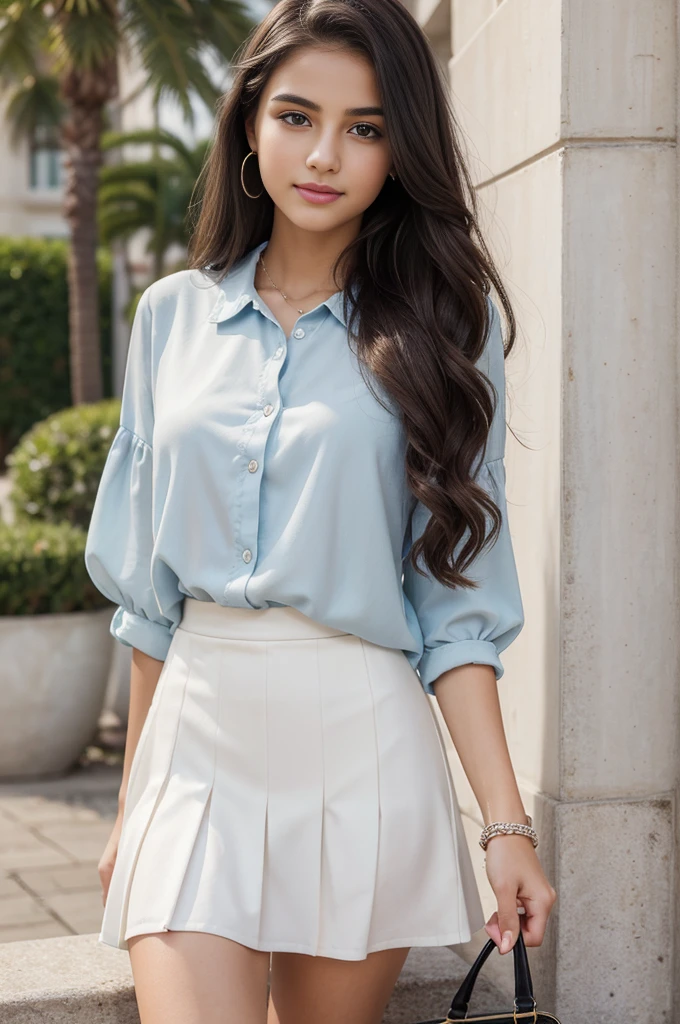 14-year-old girl, young teenage girl, female, adolescent girl, girl, beautiful hair, long flowing hair, shiny hair, detailed hair, soft wavy hair, eyes, bright eyes, captivating eyes, detailed eyes, sparkling eyes, perfect eyes, expressive eyes, face, delicate face, smooth skin, youthful face, radiant complexion, happy expression, smiling face, full lips, modern outfit, stylish modern clothes, fashionable attire, trendy clothes, chic clothing, modest girly outfit, modern ensemble, elegant top, detailed blouse, soft fabric, pastel colors, intricate patterns, lace trim, matching skirt, knee-length skirt, pleated skirt, comfortable shoes, casual sneakers, cute accessories, small handbag, simple jewelry, high-quality image, 8k resolution, perfect image, best image, highly detailed, beautifully rendered, lifelike, photorealistic, ultimate quality, impeccable details, ultra-realistic, crystal clear, stunning visual, high-definition.