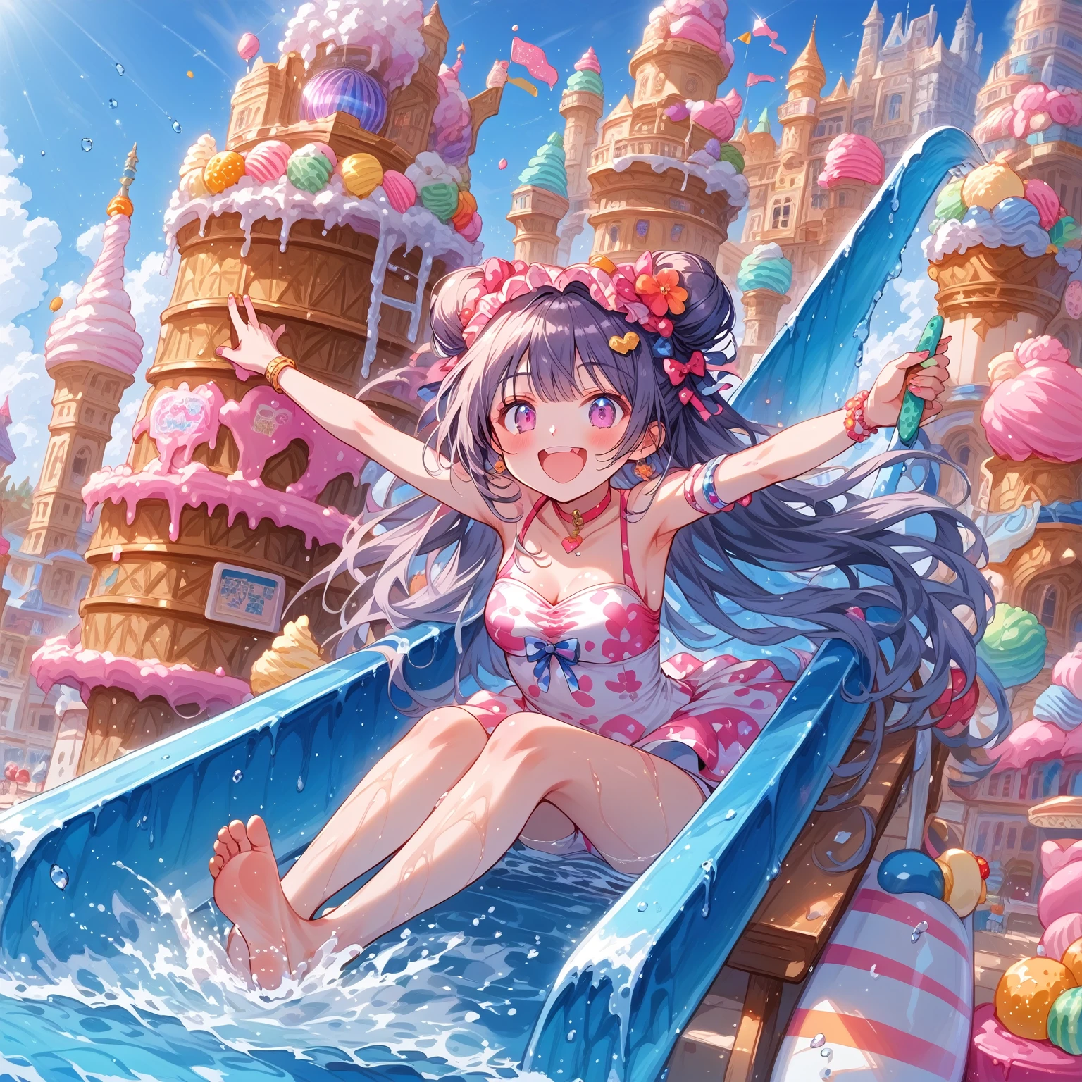 score_9, score_8_up, score_7_up, source_anime,masterpiece, best quality, high resolution, extremely detailed CG, absurdres, highres, A dreamy water park, all the buildings are made of ice-cream, ice cream castle, colorful, girl in swimsuit is sliding down the water slide, happy, neondskdrmsxl, babycreamxl