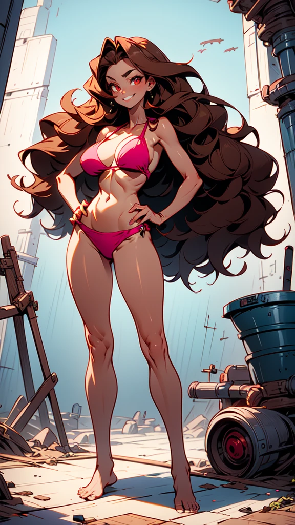 Masterpiece, best quality, Masterpiece, best quality, 1 woman , red eyes , wavy brown hair , sly face , smile , pink bikini , abdomen, big breasts , Long legs , Barefoot , hands on hips , stand perfectly erect , abandoned factory