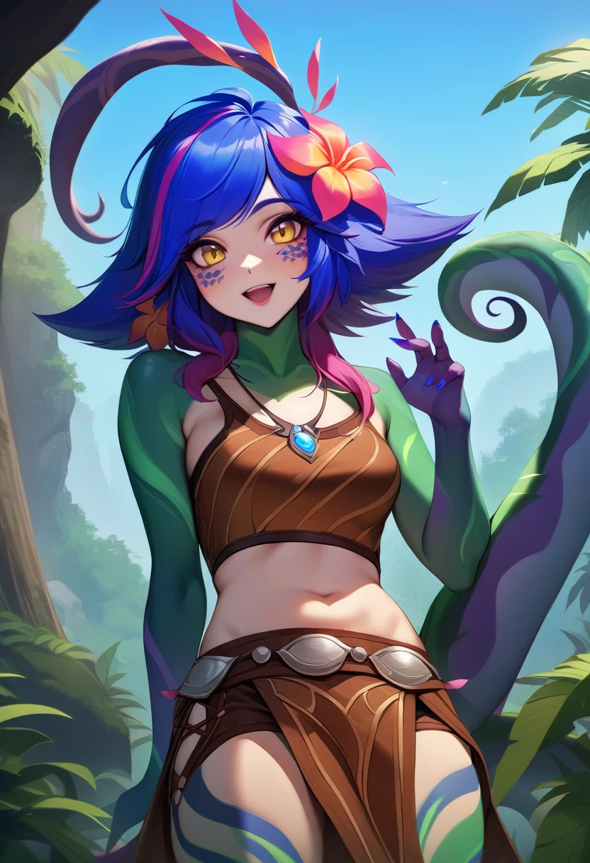 masterpiece, best quality, 1girl, (realistic:0.2) neeko, colored skin, multicolored hair, hair ornament, hair flower, necklace, brown crop top, midriff, brown shorts, loincloth, lizard tail, facial mark, upper body, :D, jungle, looking at viewer, blue sky