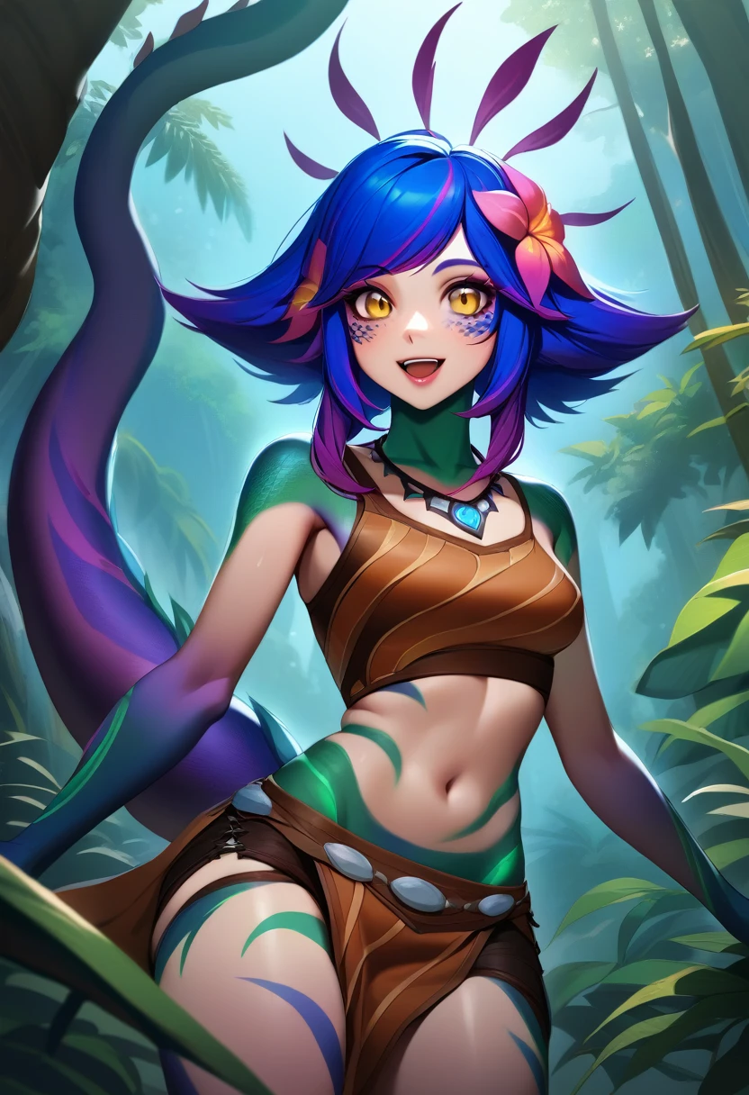 masterpiece, best quality, 1girl, (realistic:0.2) neeko, colored skin, multicolored hair, hair ornament, hair flower, necklace, brown crop top, midriff, brown shorts, loincloth, lizard tail, facial mark, upper body, :D, jungle, looking at viewer, blue sky