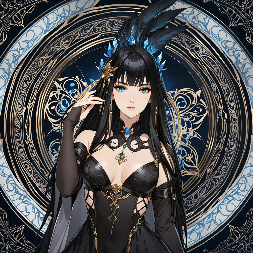 masterpiece, best quality, 1woman adult, female focus, solo, black hair, vibrant blue eyes, long hair, looking at viewer, closed mouth, bangs, Fantasy aesthetics, Highly detailed, shadowverse style, black attire, sorceress
