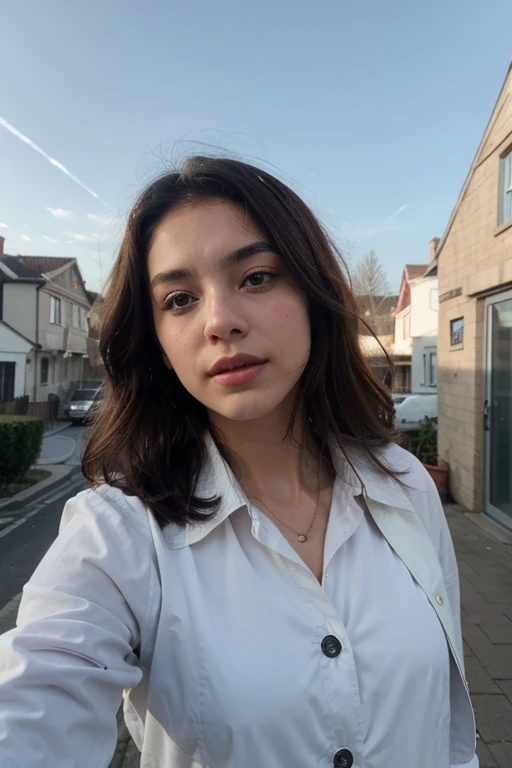 Front camera selfie of a girl in blue coat and white shirt in open sky