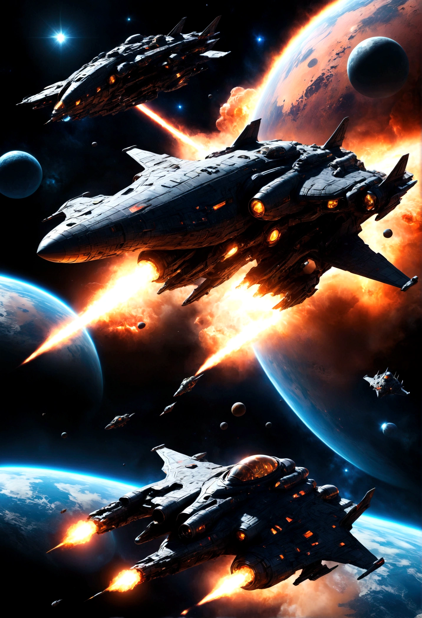 Space War, a futuristic sci-fi space battle, epic spaceship combat, massive explosions, lasers, alien technology, intergalactic warfare, dramatic lighting, cinematic composition, vibrant colors, detailed machinery, sleek spacecraft designs, intense action, heroic pilots, advanced weaponry, nebulae, star fields, cinematic atmosphere, highly detailed, masterpiece, best quality, very aesthetic, absurdres