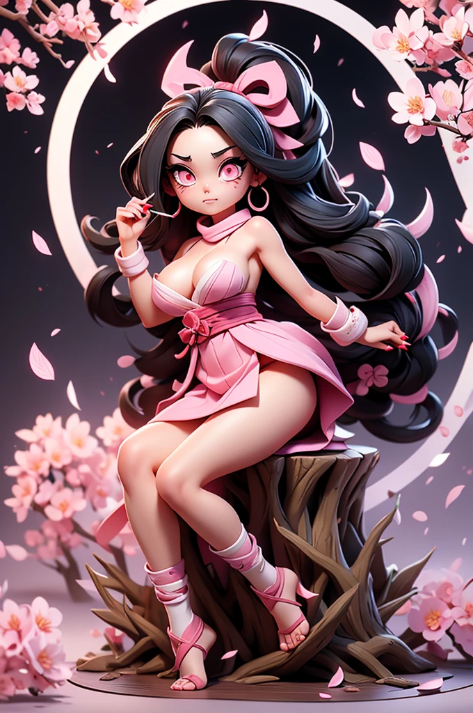 1 woman, full body, nezuko kamado oni mode, with bamboo in her mouth, demon hunter, Kimetsu no yaiba, beautiful, long hair, pink eyes, perfect, ultra hd, naked, showing her breasts, showing her pussy, nails like claws, perfect feet, demon hunter scenario, under a sakura tree, sakura leaves falling from the sky, angry face, beautiful feet, beautiful pussy, beautiful tits, legs open (showing the pussy in great detail)