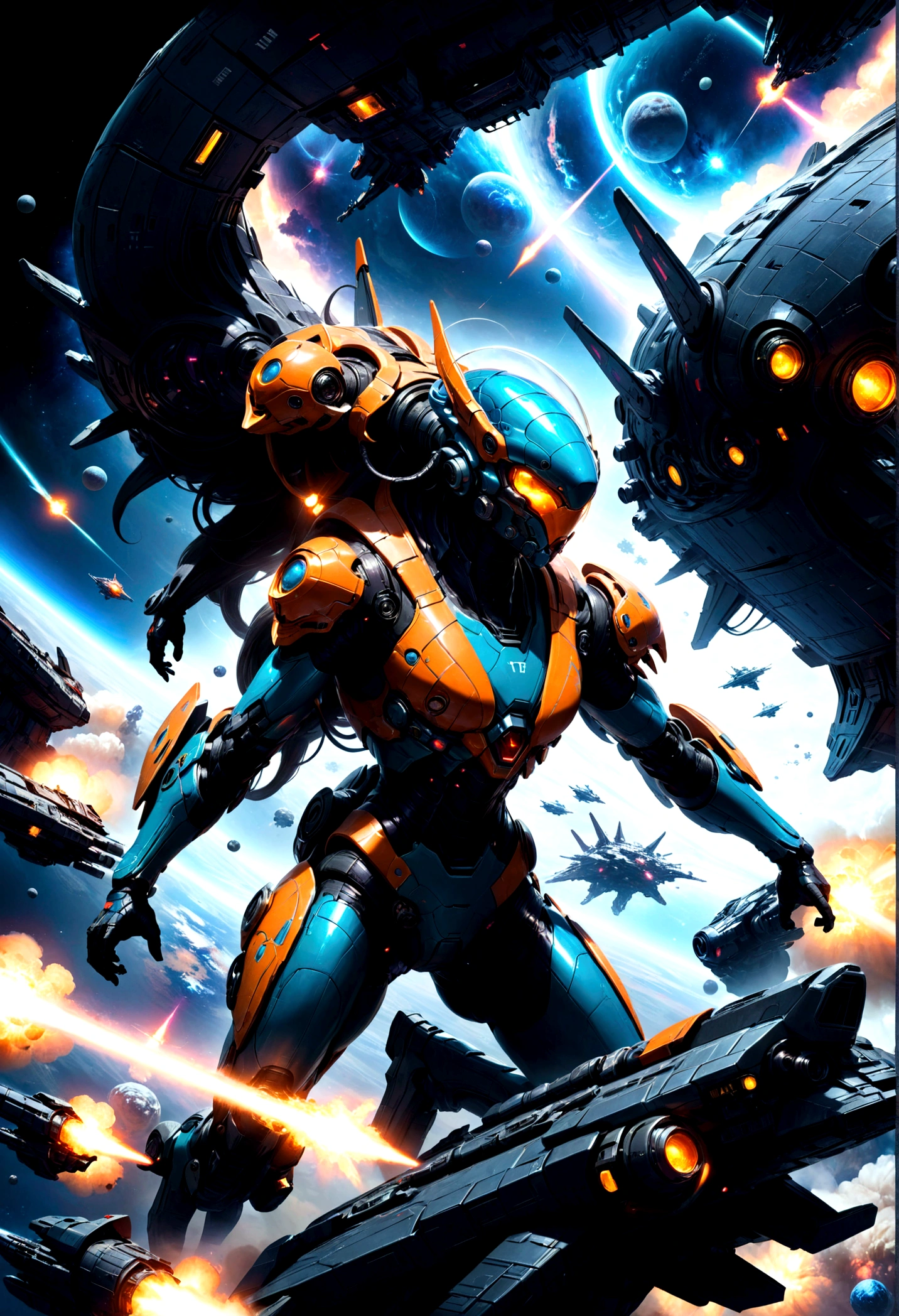 Space War, a futuristic sci-fi space battle, epic spaceship combat, massive explosions, lasers, alien technology, intergalactic warfare, dramatic lighting, cinematic composition, vibrant colors, detailed machinery, sleek spacecraft designs, intense action, heroic pilots, advanced weaponry, nebulae, star fields, cinematic atmosphere, highly detailed, masterpiece, best quality, very aesthetic, absurdres