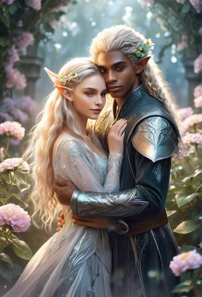 a couple of elves((a boy and a girl)),(beautiful black gir,long curly hair),(handsome blond guy)(elf ears),(boy is hugging girl from behind)sparkling flowers, ,light mist background,delicate, inocente,hiper detailed elf clothes. (high quality),(fantasy illustration),(art work),(refined details)