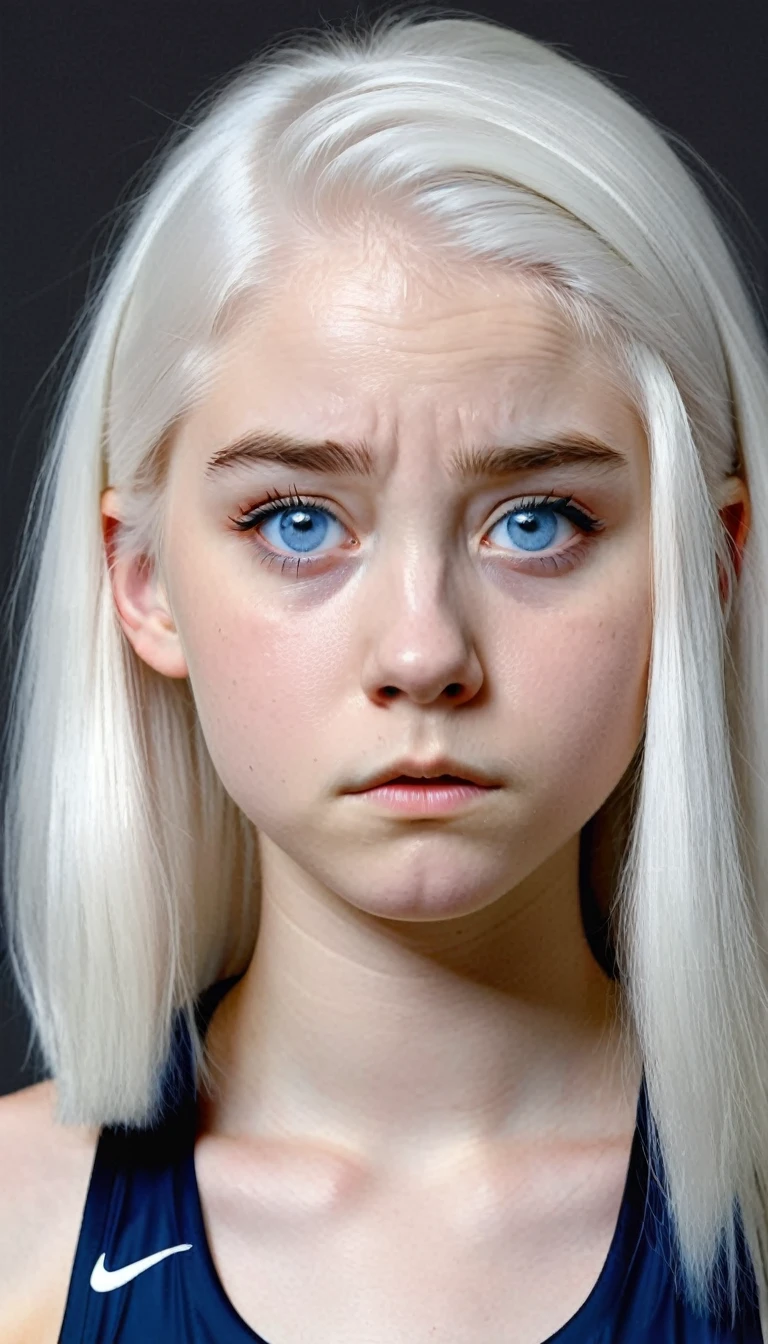 Basketball player, 16 year old girl with white hair, white skin and blue eyes, with a disappointed face