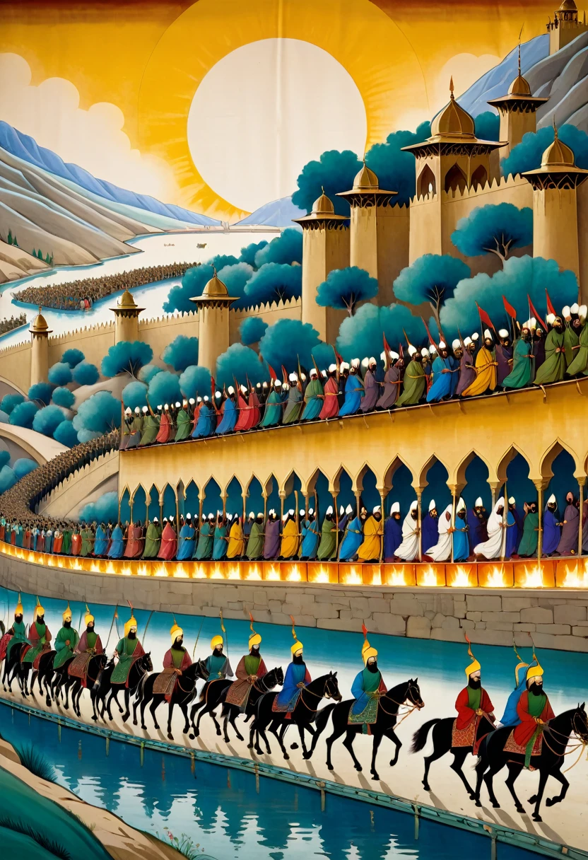 A long horizontal New Year's scroll painting in medieval Persian style showing a royal procession on horseback traveling to the palace for Nowruz celebrations. Soldiers carrying banners lead the Shah and his entourage over a bridge decorated with lanterns towards the rising sun.