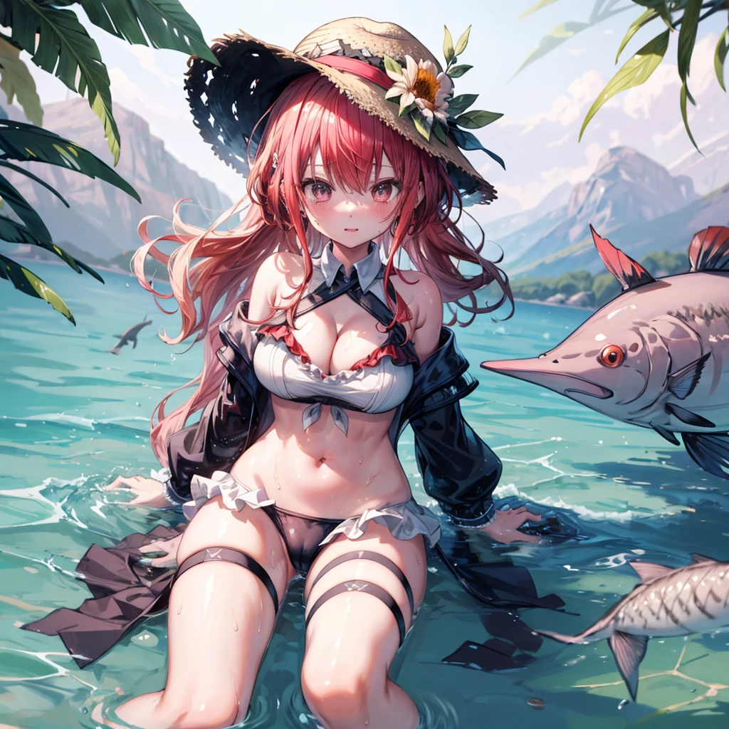 ((Highest quality)), ((masterpiece)), (detailed), (nsfw), the female cartoon character dressed in sexy clothing sits in the water and fishes, 1girl, swimsuit, breasts, 比基尼, 独奏, hat,  straw hat, cleavage, navel, water, large breasts, looking at viewer, bangs, frills, frilled 比基尼, Virtual Youtuber, sitting, pink 比基尼, long hair large breasts, (wet), sweat,