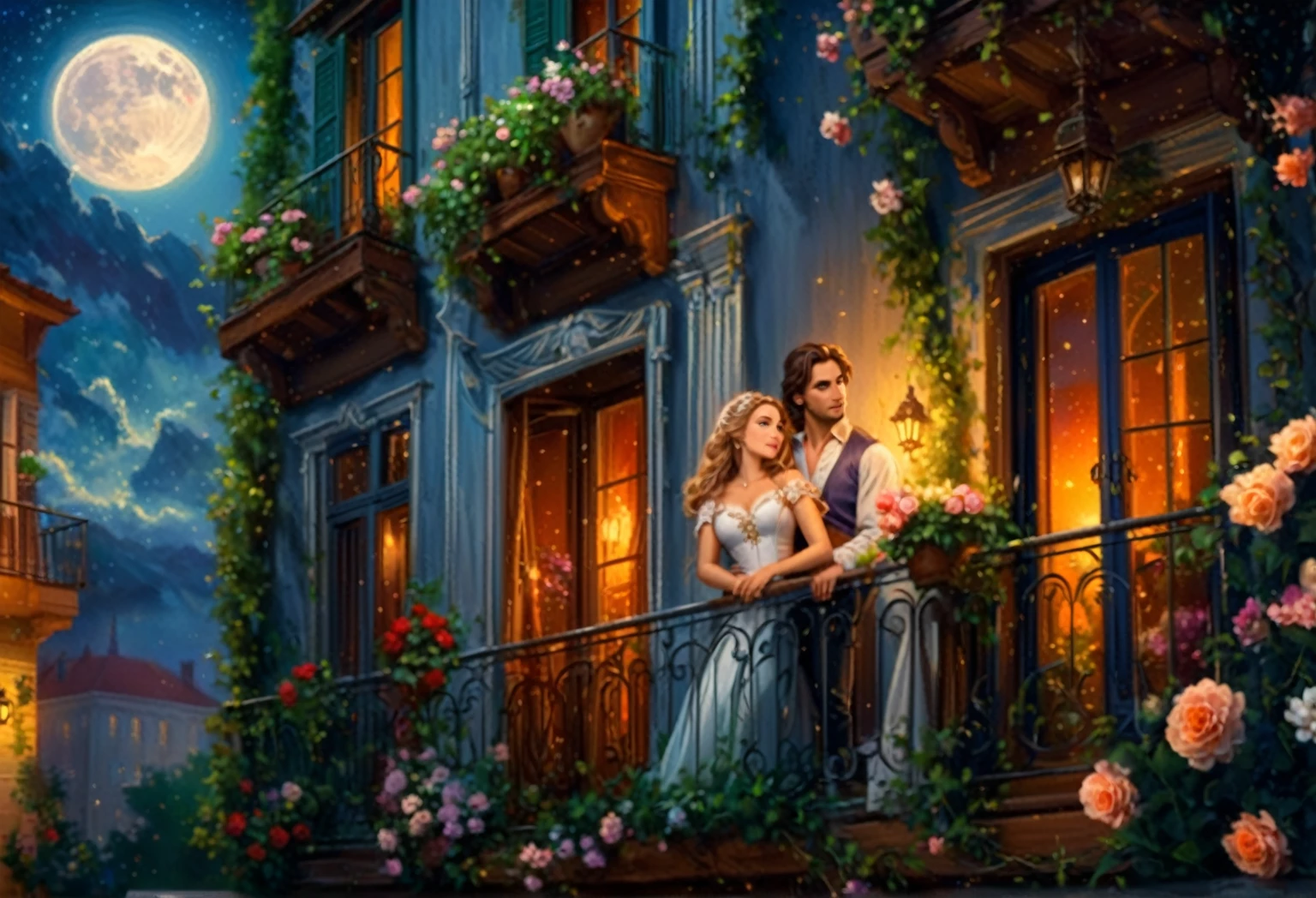 painting of a couple standing on a balcony at night, romantic painting, romance novel cover, inspired by Evgeny Lushpin, romantic era painting, beautiful digital artwork, fairytale painting, inspired by Magali Villeneuve, elegant digital painting, balcony scene, magali villeneuve and monet, detailed fantasy digital art, romantic storybook fantasy, by Alexander Kucharsky