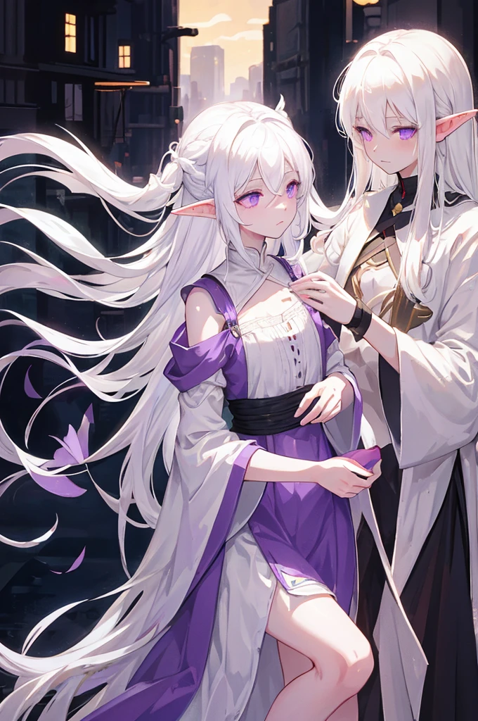 white hair , lush, long hair , elf ears , purple eyes , lifeless , Old and shabby white dress , dusty , dark , hurtful , Bloody , 1 people , 独奏 , dark 방 , night background