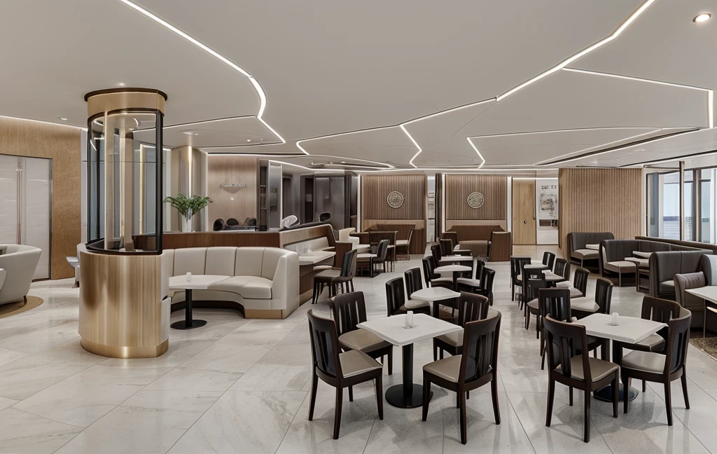 Modern style coffee shop design, flat white ceiling 1.8, ceramic tiled floor, Masterpiece photo quality, luxurious, led lights 1.8