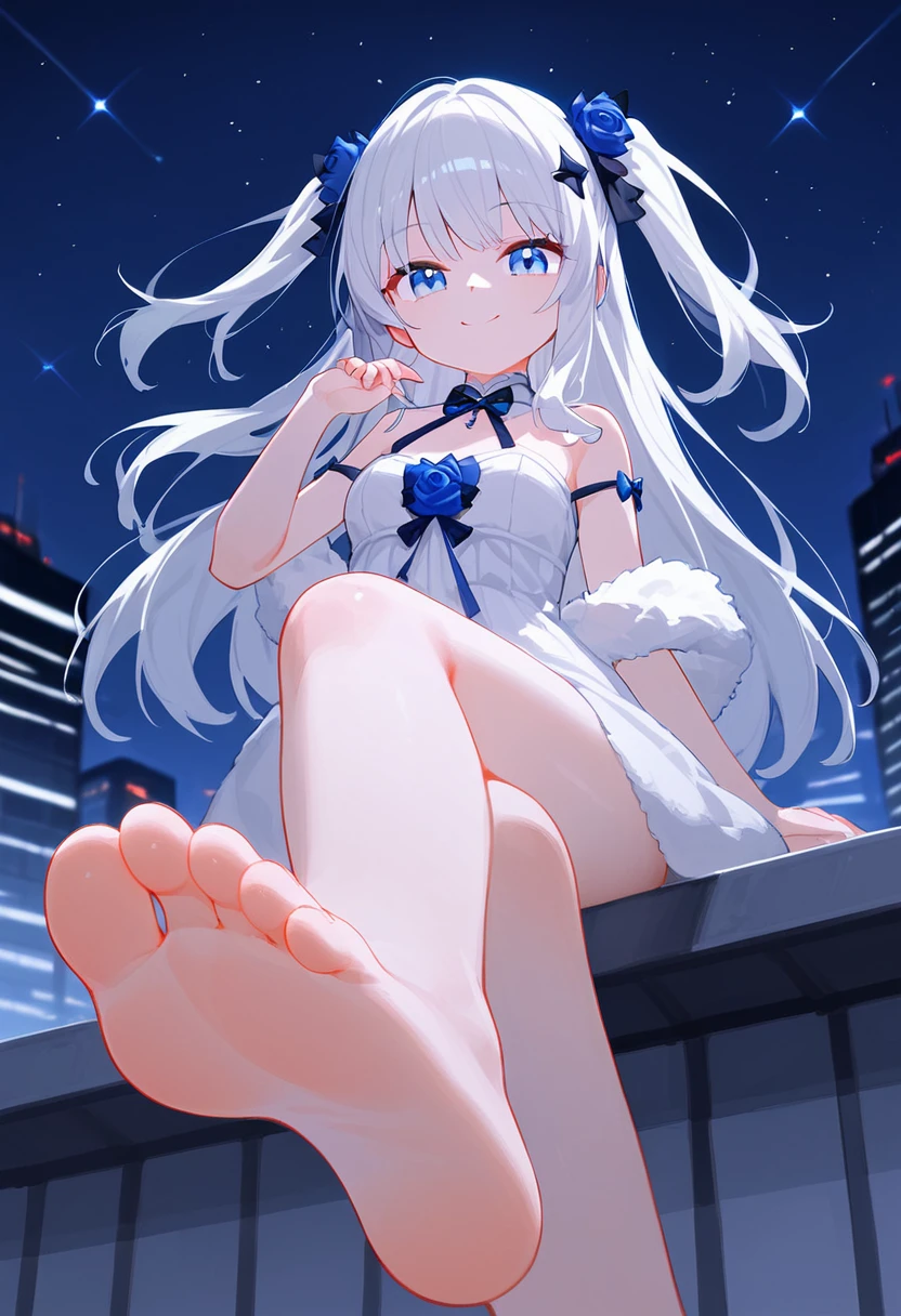 score 9, score 8 up, score 7 up, 1girl, solo, looking at viewer, smile, fur trim, bare shoulders, hair ornament, bangs, off shoulder, closed mouth, sleeveless, hand up, blurry, from below, low angle, ground level, foot focus, good feet, white hair, two side up, blue rose, white dress, long hair, breasts, bow, night, night sky, rooftop, sky, skyscraper, stage, star sky, starry sky