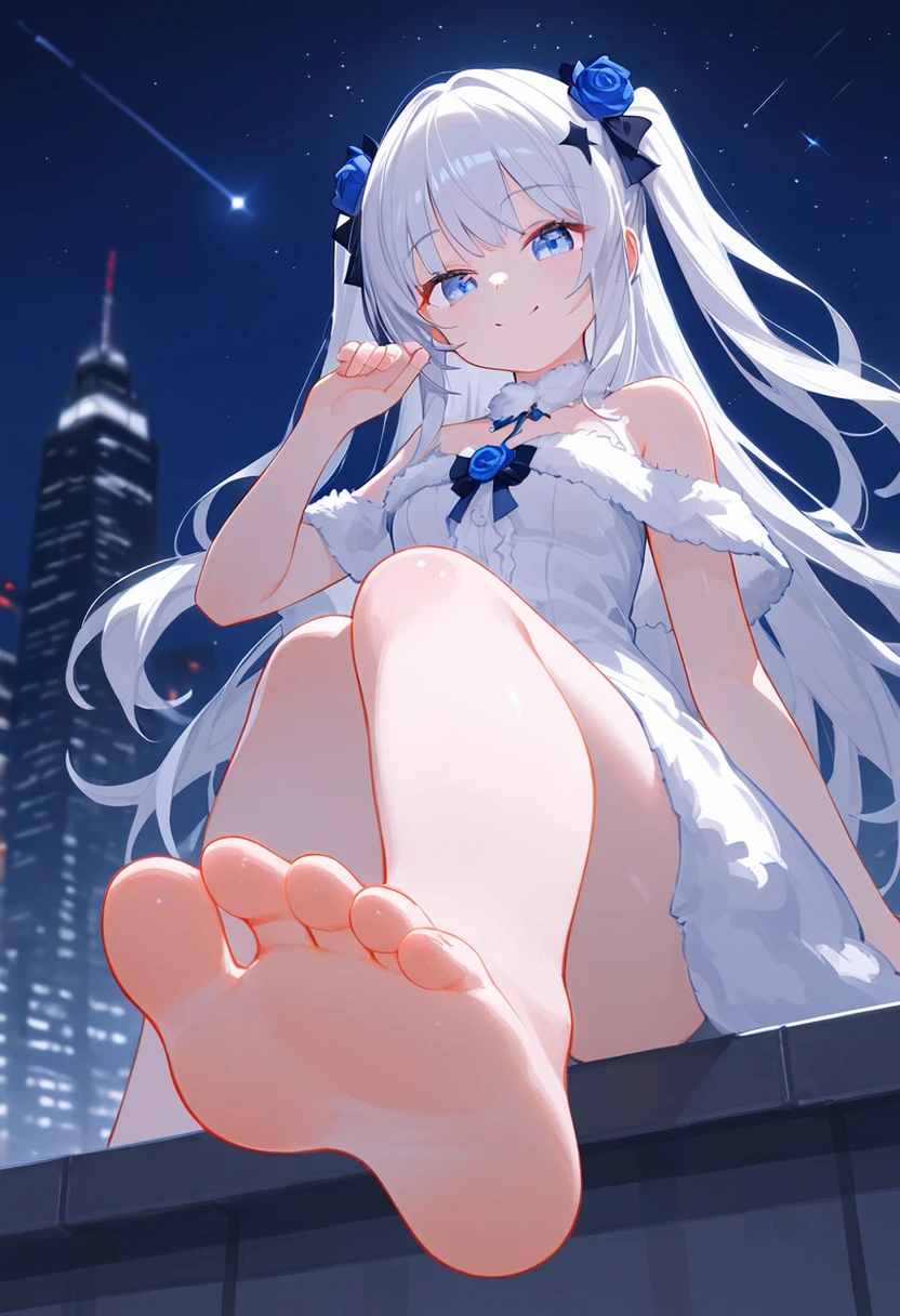 score 9, score 8 up, score 7 up, 1girl, solo, looking at viewer, smile, fur trim, bare shoulders, hair ornament, bangs, off shoulder, closed mouth, sleeveless, hand up, blurry, from below, low angle, ground level, foot focus, good feet, white hair, two side up, blue rose, white dress, long hair, breasts, bow, night, night sky, rooftop, sky, skyscraper, stage, star sky, starry sky