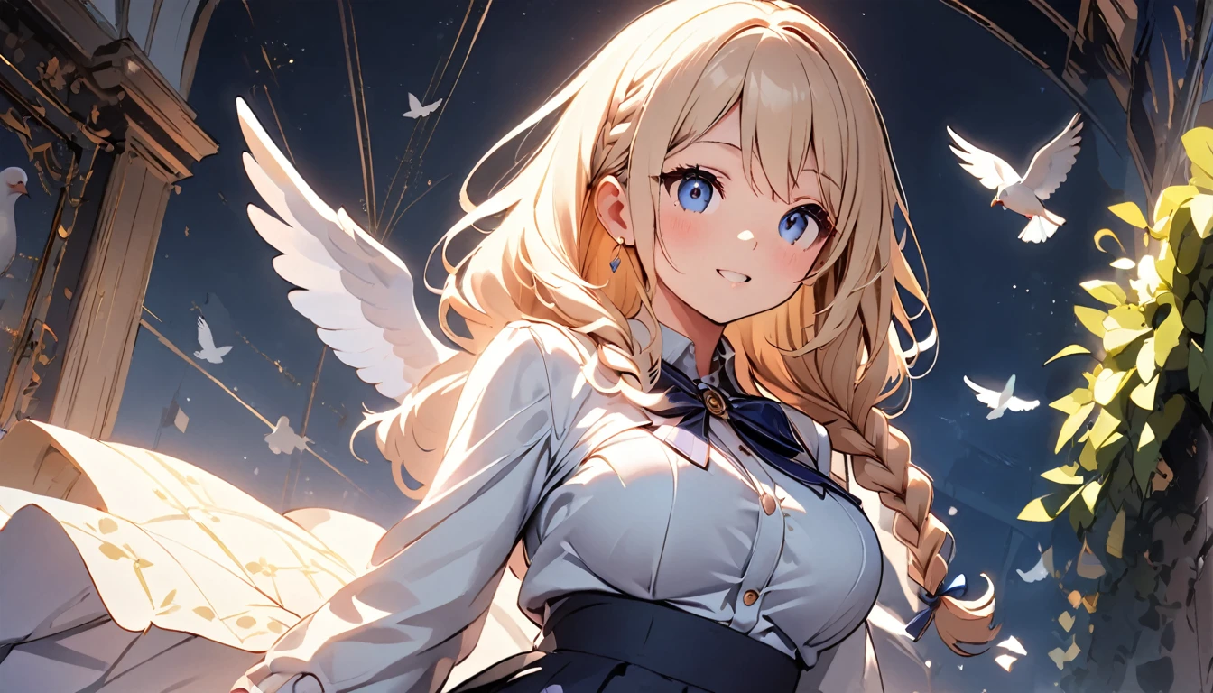 1 Mother Angel 29 years old,breast,large hips,white long frensh braided hairs,background with doves with an olive branch in its beak,quality\(8k,wallpaper of extremely detailed CG unit, masterpiece,hight resolution,top-quality,top-quality real texture skin,hyper realisitic,increase the resolution,RAW photos,best qualtiy,highly detailed,the wallpaper,cinematic lighting,ray trace,golden ratio\)