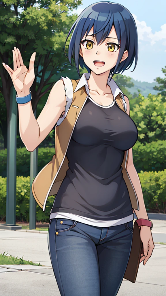 masterpiece, best quality, highres, carly nagisa, long black hair, brown sleeveless jacket, open jacket, striped shirt, jeans, wristband, Sagiri Mikage,1girl, blue hair, yellow eyes, short hair, large breasts, happy, open mouth, cowboy shot, outdoors, forrest 