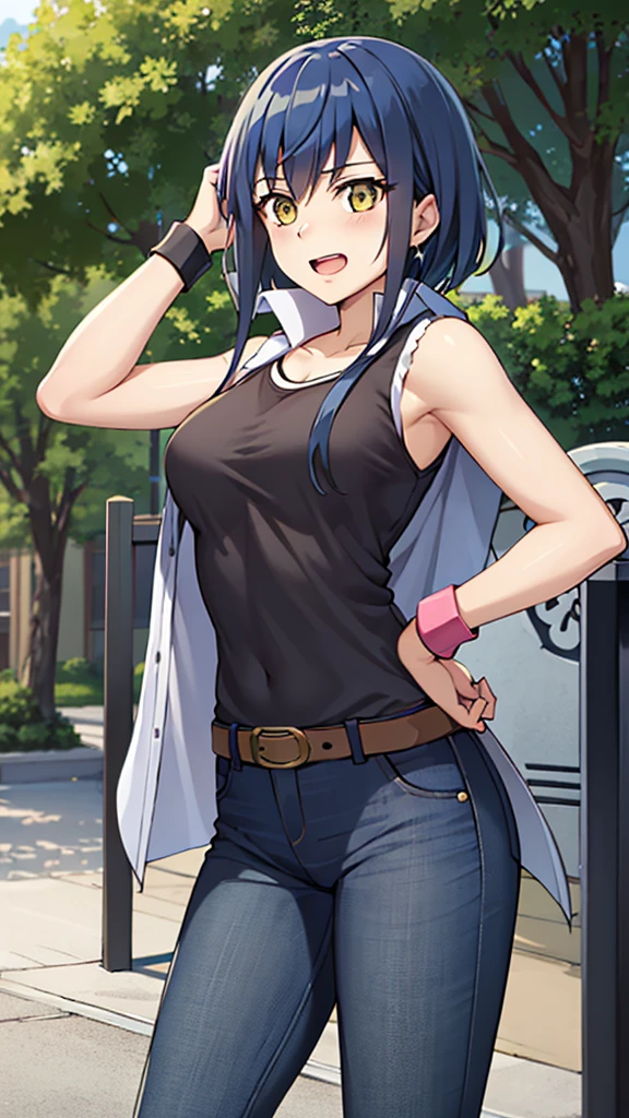 masterpiece, best quality, highres, carly nagisa, long black hair, brown sleeveless jacket, open jacket, striped shirt, jeans, wristband, Sagiri Mikage,1girl, blue hair, yellow eyes, short hair, large breasts, happy, open mouth, cowboy shot, outdoors, forrest 