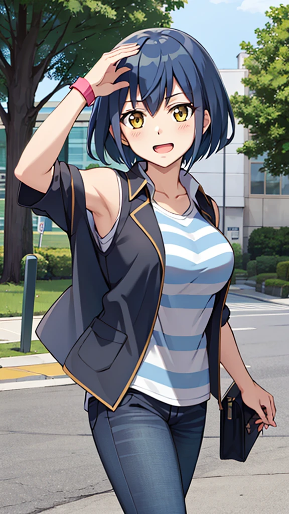 masterpiece, best quality, highres, carly nagisa, long black hair, brown sleeveless jacket, open jacket, striped shirt, jeans, wristband, Sagiri Mikage,1girl, blue hair, yellow eyes, short hair, large breasts, happy, open mouth, cowboy shot, outdoors, forrest 