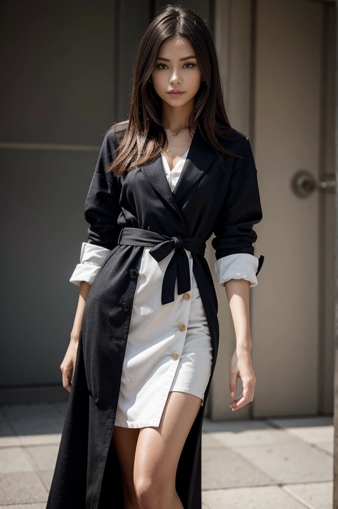 [The character, a woman/female/girl, is the focus of this prompt. Her age is unspecified, allowing for interpretation. She is depicted wearing a fashionable outfit, one that exudes modernity and coolness. The outfit should be described in detail, highlighting its uniqueness and style. Additionally, the woman's features are to be clearly described, leaving no ambiguity about her appearance. This includes aspects such as her hair color, style, facial features, and any distinguishing characteristics. The overall image should be of high quality, with a resolution of 8k, ensuring the details are crisp and clear. It should be a perfect image, capturing the essence of the character in a highly detailed and beautiful manner.]