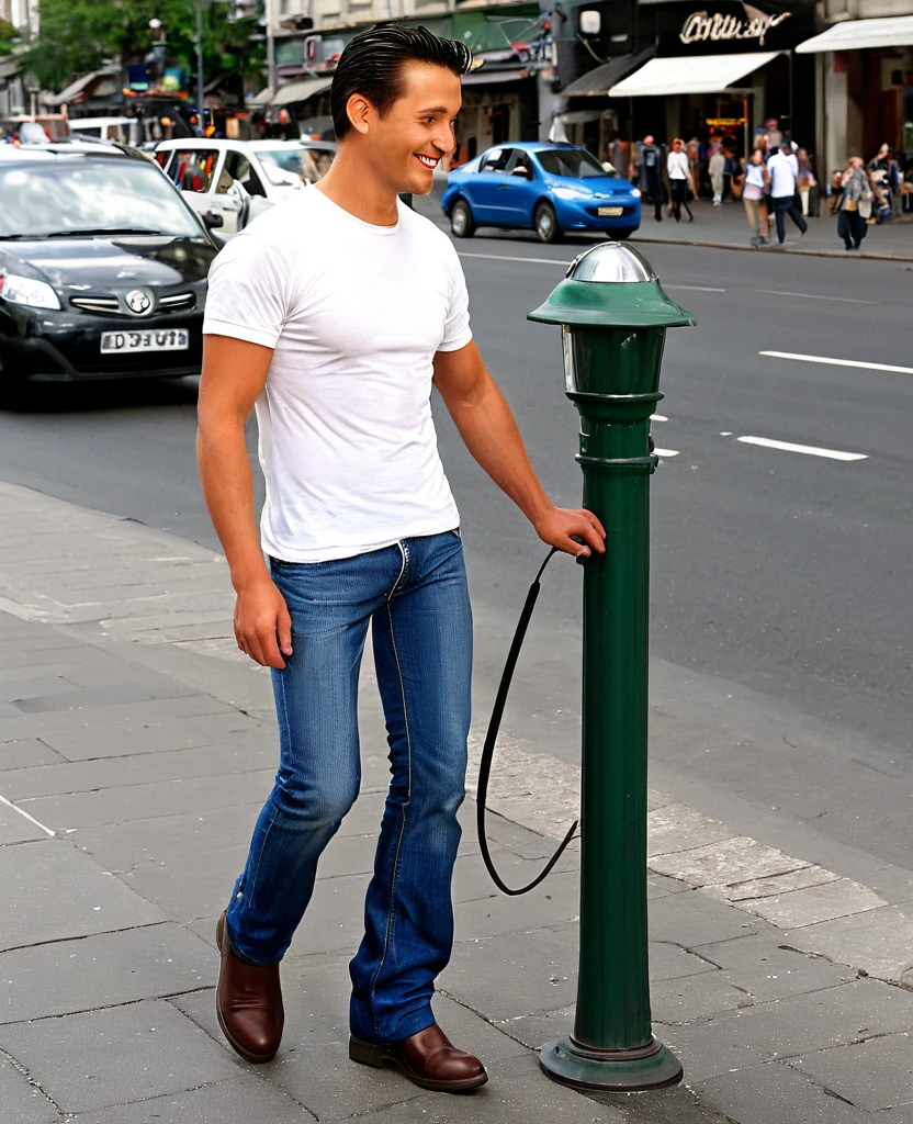 “In a bustling city, a thirty year old man stands out from the crowd. With his imposing height of 1,80 meters, walk confidently through the streets. He is wearing a slightly loose white shirt., which contrasts with his tan and reveals his strong arms and pectorals. His stubble is carefully trimmed., giving it a sophisticated yet rebellious air. His dark hair, short and slicked back, reveals a broad forehead and a penetrating gaze.
While waiting for the traffic light to change, casually leans against a lamppost. She wears tight jeans that frame her firm butt and worn leather boots that give her an adventurous look.. in his right hand, holds a cup of coffee, enjoying the aroma while watching the people around you. With a kind gesture, give way to an elderly woman crossing the street.
Suddenly, your phone rings, interrupting the moment. with a smile, He answers and walks away from the crowd a little.. His deep, calm voice resonates as he talks to someone close to him.. It seems like an important conversation., full of laughter and animated gestures. The thirty year old man, with its strong and at the same time warm presence, exudes charisma and a feeling of home.”