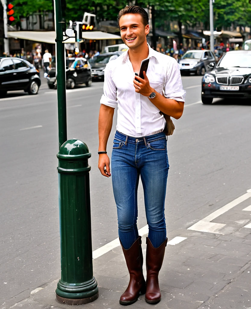 “In a bustling city, a thirty year old man stands out from the crowd. With his imposing height of 1,80 meters, walk confidently through the streets. He is wearing a slightly loose white shirt., which contrasts with his tan and reveals his strong arms and pectorals. His stubble is carefully trimmed., giving it a sophisticated yet rebellious air. His dark hair, short and slicked back, reveals a broad forehead and a penetrating gaze.

While waiting for the traffic light to change, casually leans against a lamppost. She wears tight jeans that frame her firm butt and worn leather boots that give her an adventurous look.. in his right hand, holds a cup of coffee, enjoying the aroma while watching the people around you. With a kind gesture, give way to an elderly woman crossing the street.

Suddenly, your phone rings, interrupting the moment. with a smile, He answers and walks away from the crowd a little.. His deep, calm voice resonates as he talks to someone close to him.. It seems like an important conversation., full of laughter and animated gestures. The thirty year old man, with its strong and at the same time warm presence, exudes charisma and a feeling of home.”