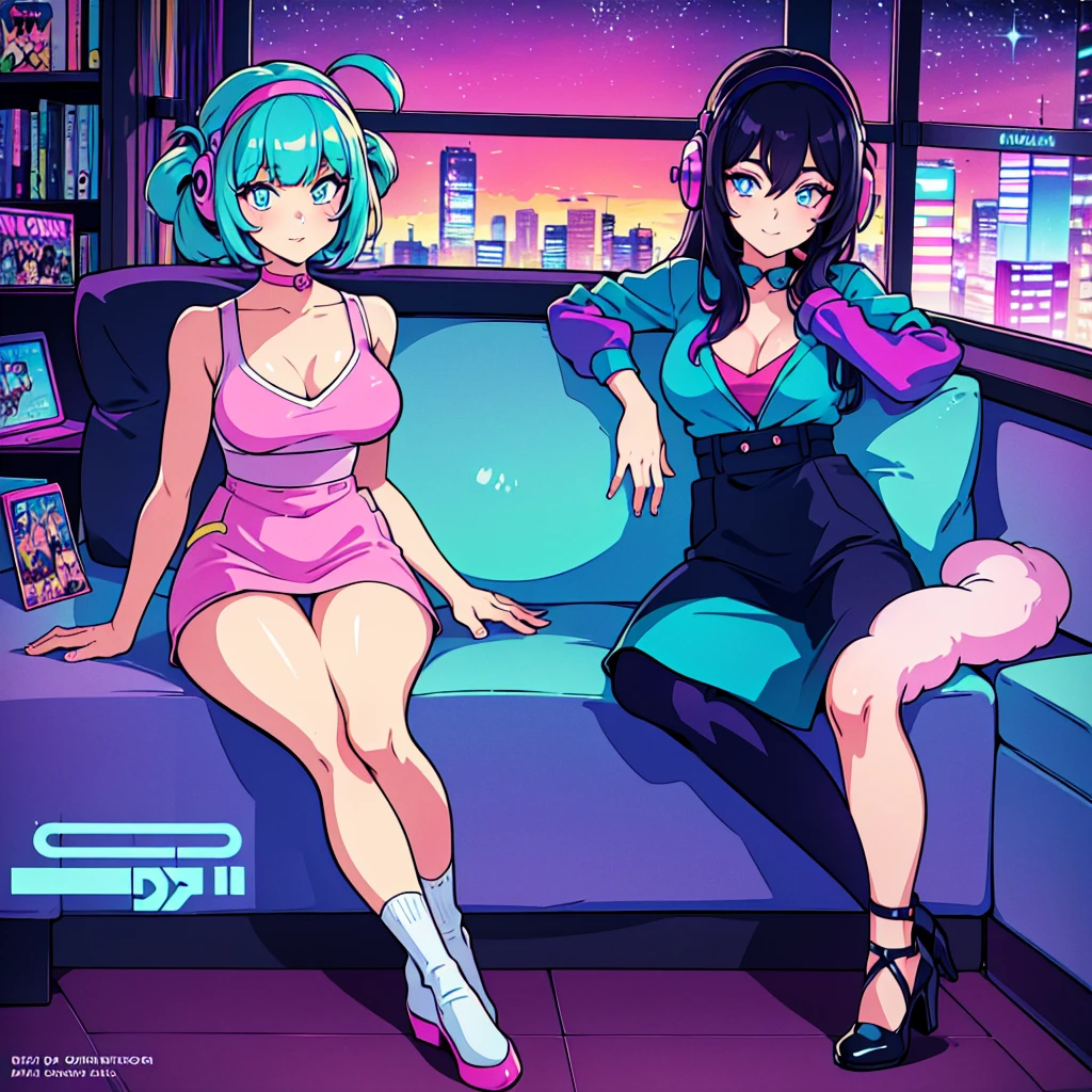 (masterpiece), Highest quality, Expressive eyes, Neon pastel aesthetics, Retro 90s, Neon color,((Girl sitting on sofa,In a cozy room,Records hanging on her wall, Comic books on the floor, Looking out the window behind her at the night city, Upholstered room, Anime figures lined up on a shelf)), Wearing headphones, (All around her it sparkles), (Wearing high socks and heels), (blue eyes), (Soft look), (Synthwave Art Style), Colorful Hair, Desk with PC set up