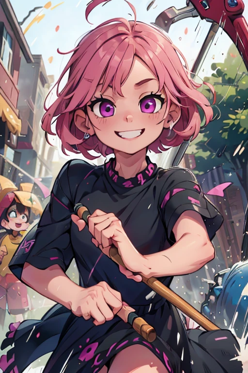 perfect face, perfect hands . A pink haired girl with violet eyes in a black dress is spinning her scythe in the rain with a determined smile