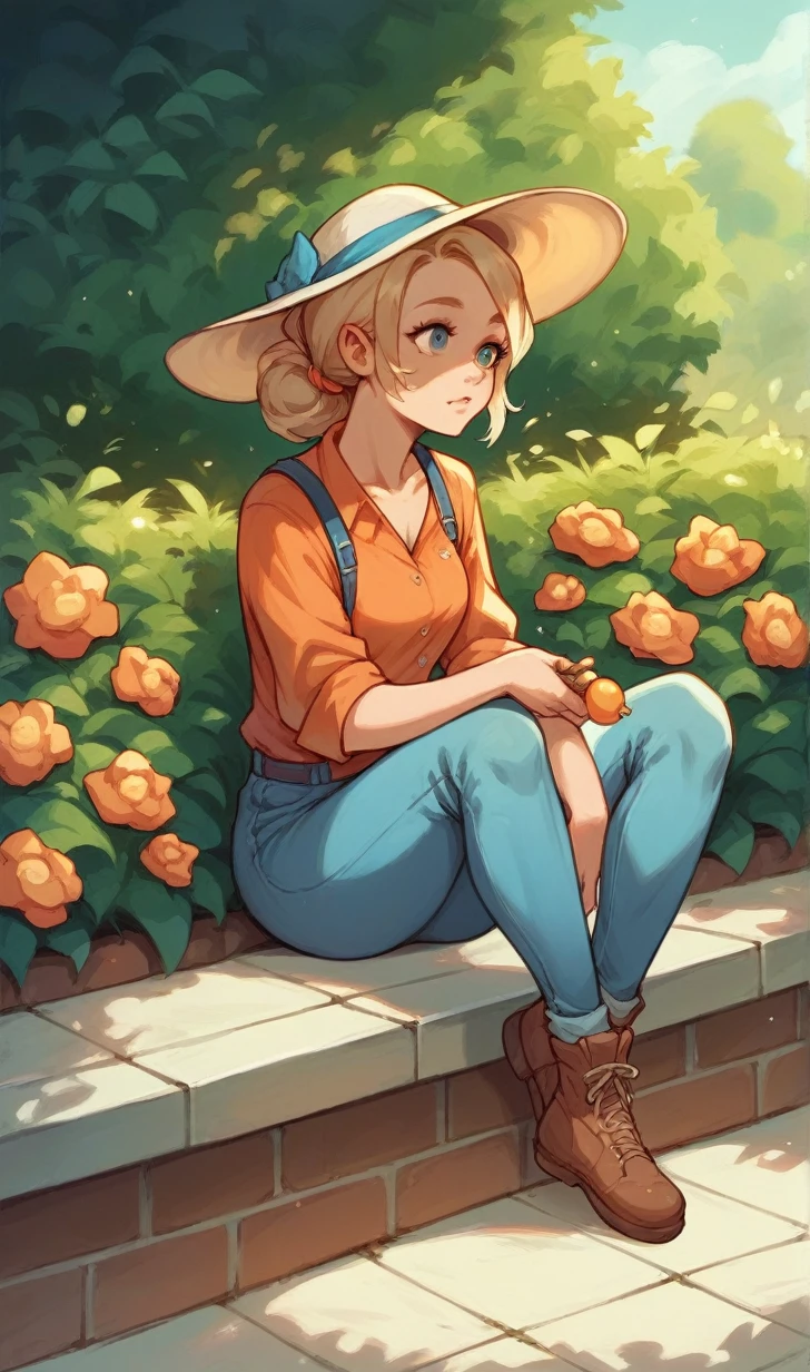 a girl sitting in the garden, summertime, orange