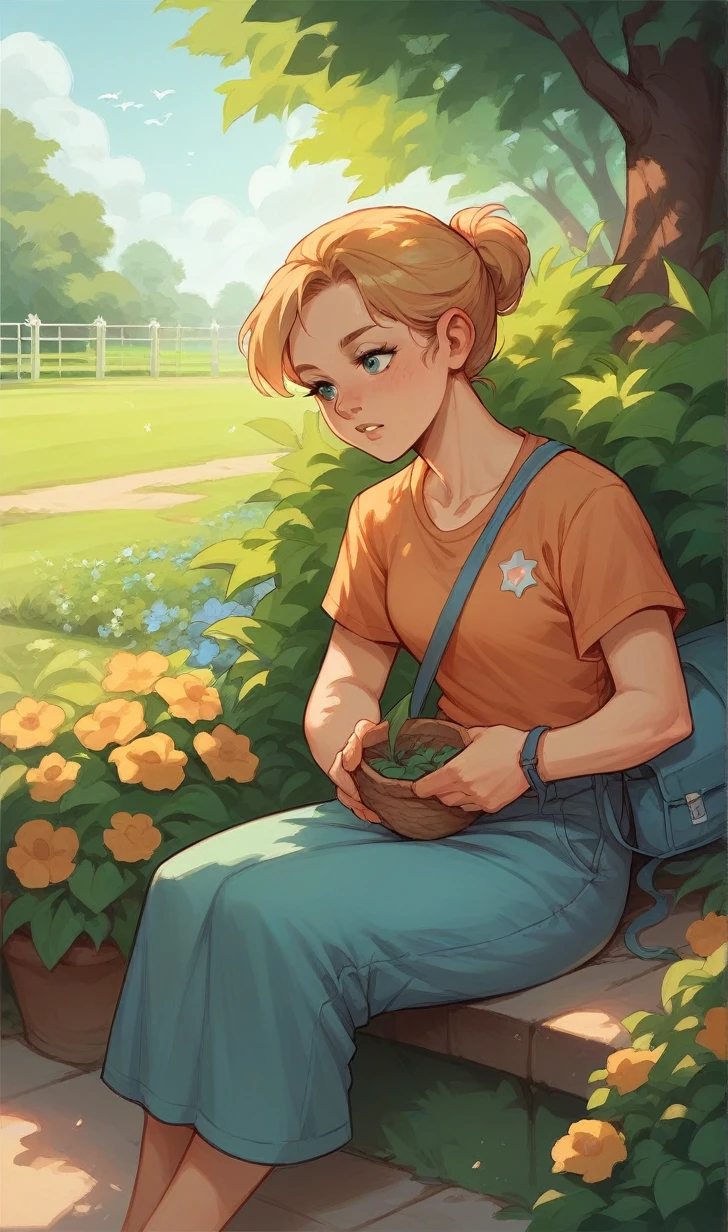 a girl sitting in the garden, summertime, orange 