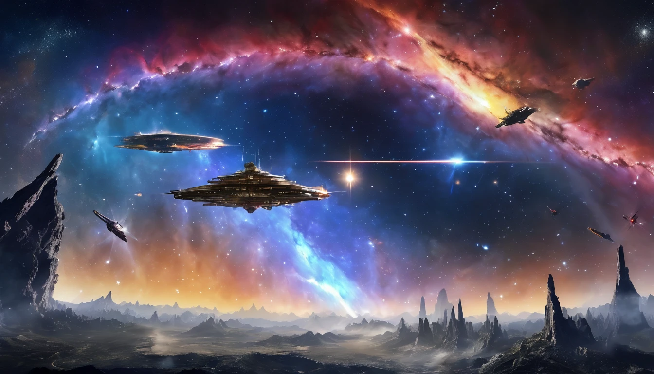 Vast space war、epic space battle、Countless combat robots、Lots of space fighters、Space Battleship、Surreal、Manga Style、宇宙に巨大なSpace Battleshipが浮かぶ、(Celestial Nebula:1.9)、Mysterious cosmic energy、Dramatic lighting、Surreal、Cinematic、Bright colors、Dramatic Chiaroscuro、Volumetric lighting、Realistic、masterpiece、Highest quality、8K、Very detailed、Physically Based Rendering、 Edoboho Landscape, Error sketch