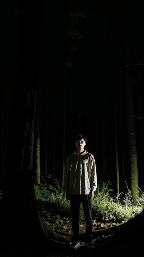 a photo depicting a young Indonesian man in the middle of a forest at night, with a spooky theme and the words "FIRASAT"