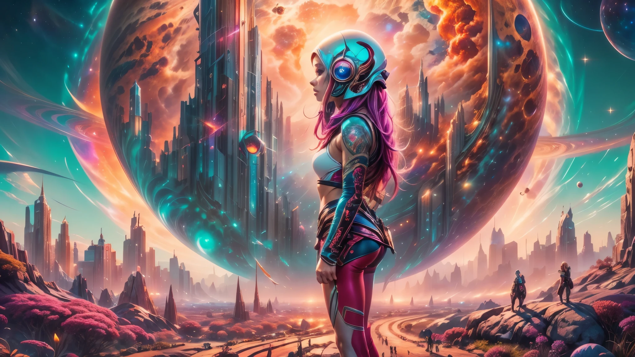 there is a woman standing in front of a painting of a planet, futuristic city in background, psytrance artwork, interconnected human lifeforms, panoramic view of girl, progressive rock album cover, dream of the endless, star dust, galaxy, stoner rock --ar 16:9 --v 5.1