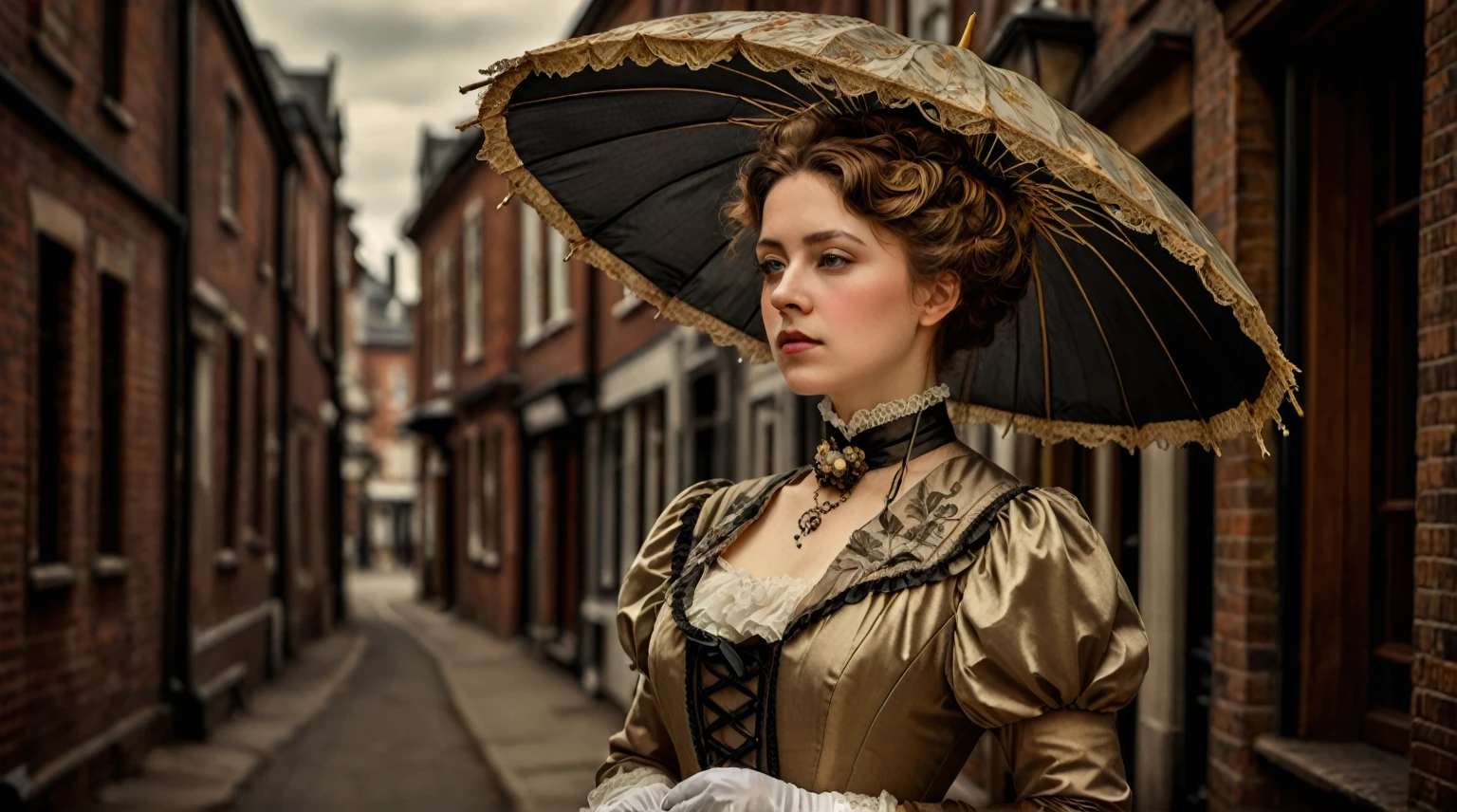 there is a woman with an umbrella standing in a street, a beautiful victorian woman, victorian lady, victorian style costume, art nouveau fashion photography, young victorian sad fancy lady, victorian style, victorian age, victorian inspired clothing, 1 8 8 0 s style, in a high renaissance style, retro vintage and romanticism, standing with a parasol