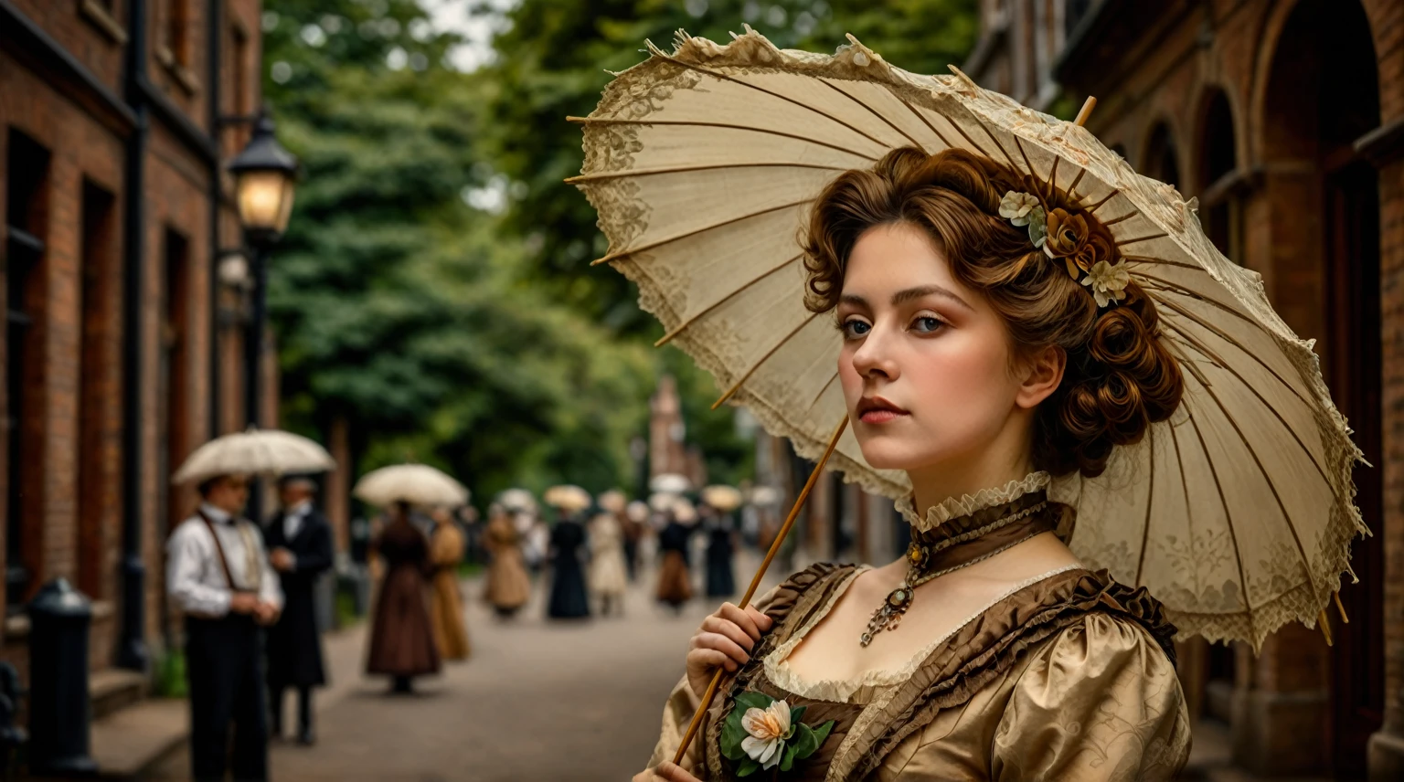 there is a woman with an umbrella standing in a street, a beautiful victorian woman, victorian lady, victorian style costume, art nouveau fashion photography, young victorian sad fancy lady, victorian style, victorian age, victorian inspired clothing, 1 8 8 0 s style, in a high renaissance style, retro vintage and romanticism, standing with a parasol