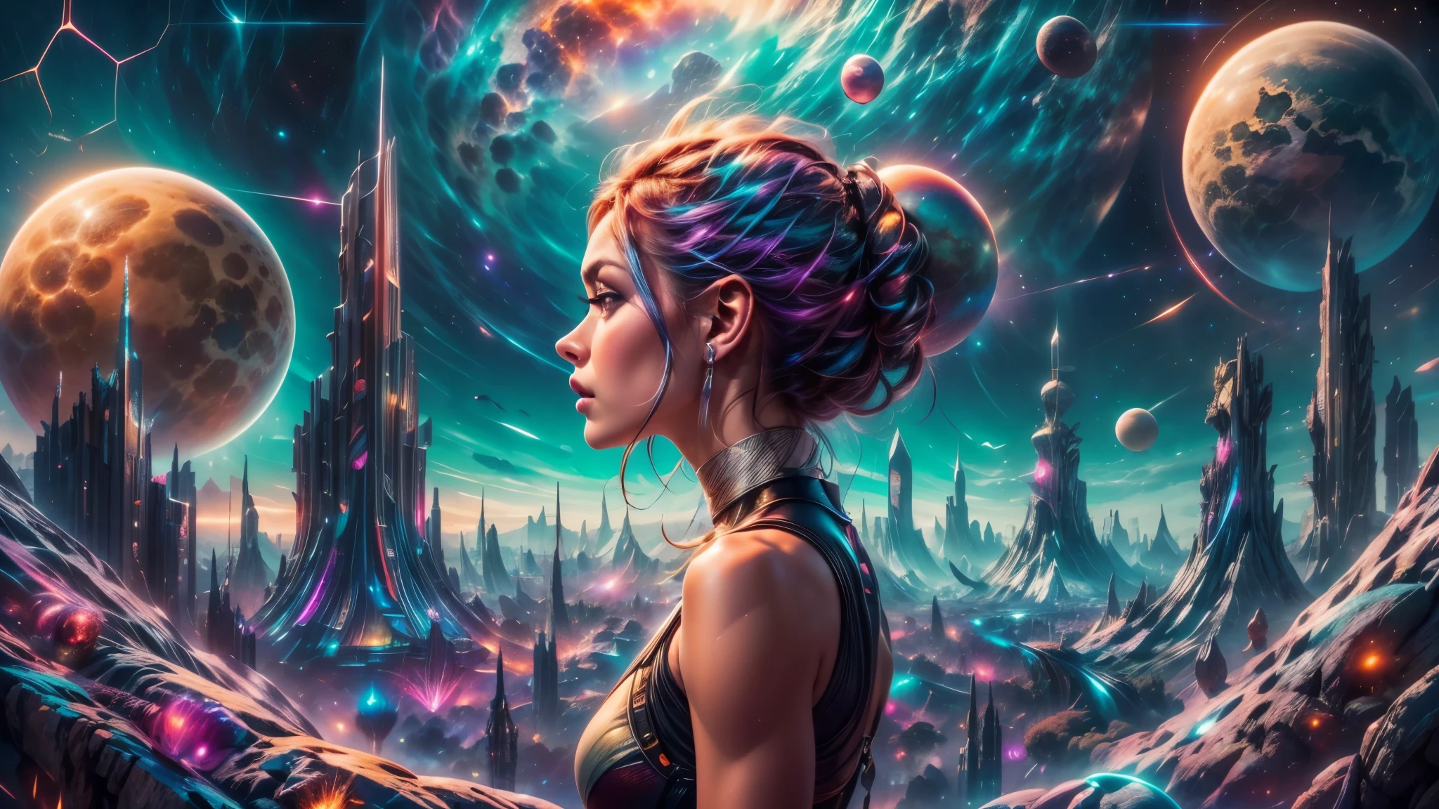 there is a woman standing in front of a painting of a planet, futuristic city in background, psytrance artwork, interconnected human lifeforms, panoramic view of girl, progressive rock album cover, dream of the endless, star dust, galaxy, stoner rock --ar 16:9 --v 5.1