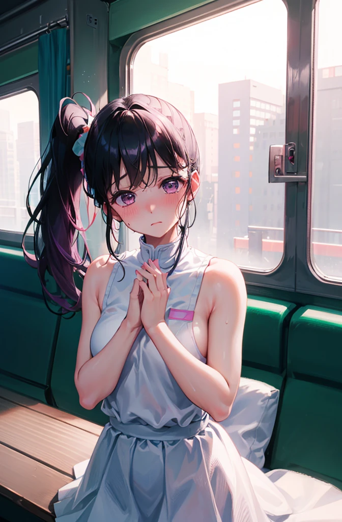 Random pose、NFSW、Blushing、Sweaty、cowgirl position、、cowgirl position、Upper body naked、Wearing a skirt、Hide your with your hands、Blushing、Embarrassed expression、、Not wearing a bra、Black Hair、Side Ponytail、Pale purple eyes、、Blushing、lipstick、Perfect hands、Detailed hands、Train seats、hand bra