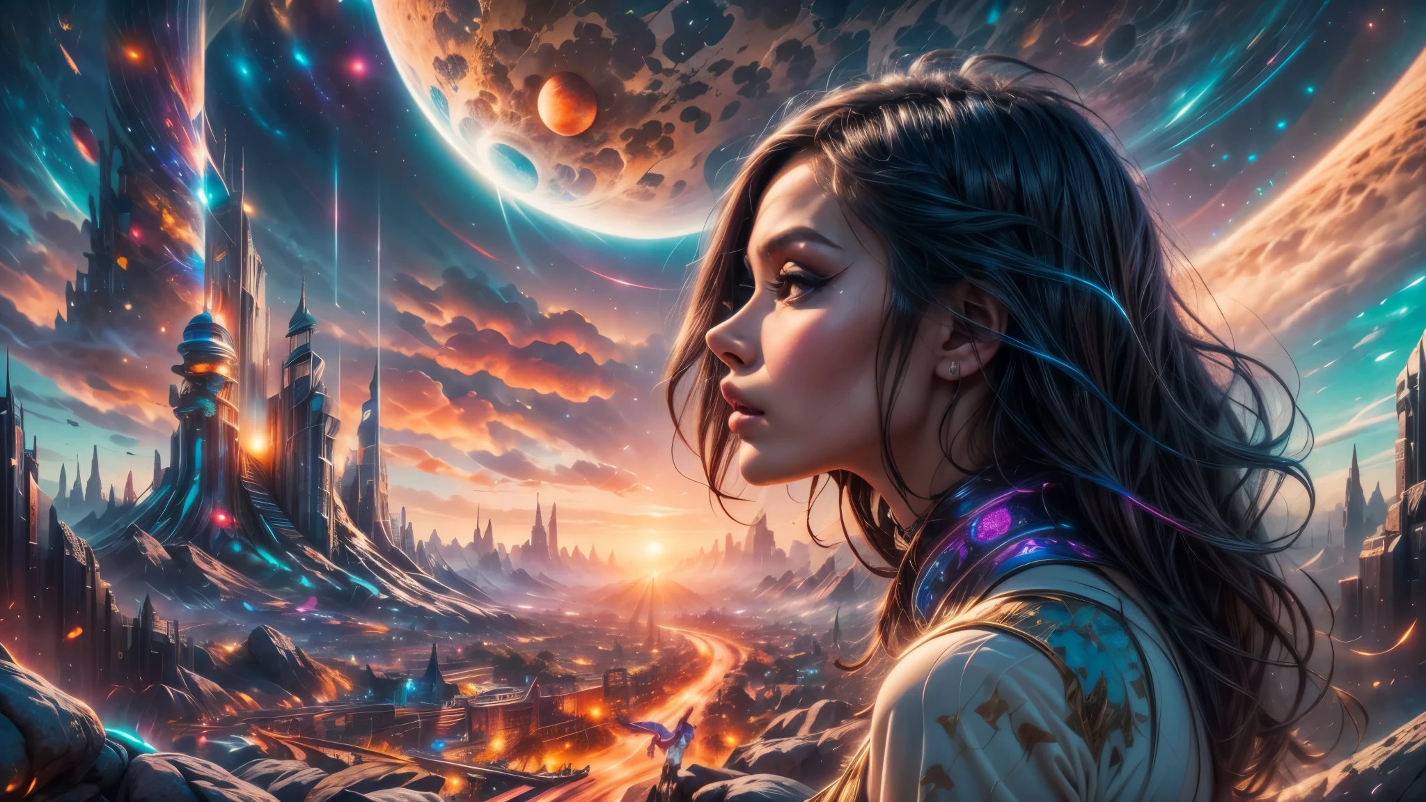 there is a woman standing in front of a painting of a planet, futuristic city in background, psytrance artwork, interconnected human lifeforms, panoramic view of girl, progressive rock album cover, dream of the endless, star dust, galaxy, stoner rock --ar 16:9 --v 5.1