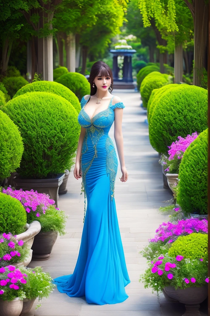 painting of a woman in a blue dress standing in a garden, gigantic cleavage breasts, a fine art painting by Chen Lin, trending on cg society, fantasy art, fantasy art style, ethereal fantasy, a beautiful fantasy empress, beautiful fantasy art, ((a beautiful fantasy empress)), fantasy beautiful, beautiful fantasy maiden, ethereal beauty, palace , a girl in hanfu, vibrant fantasy style