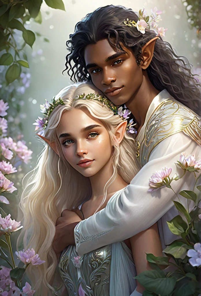 a couple of elves((a boy and a girl)),(beautiful black gir,long curly hair),(handsome blond guy)(elf ears),(boy is hugging girl from behind)sparkling flowers, ,light mist background,delicate, inocente,hiper detailed elf clothes. (high quality),(fantasy illustration),(art work),(refined details)