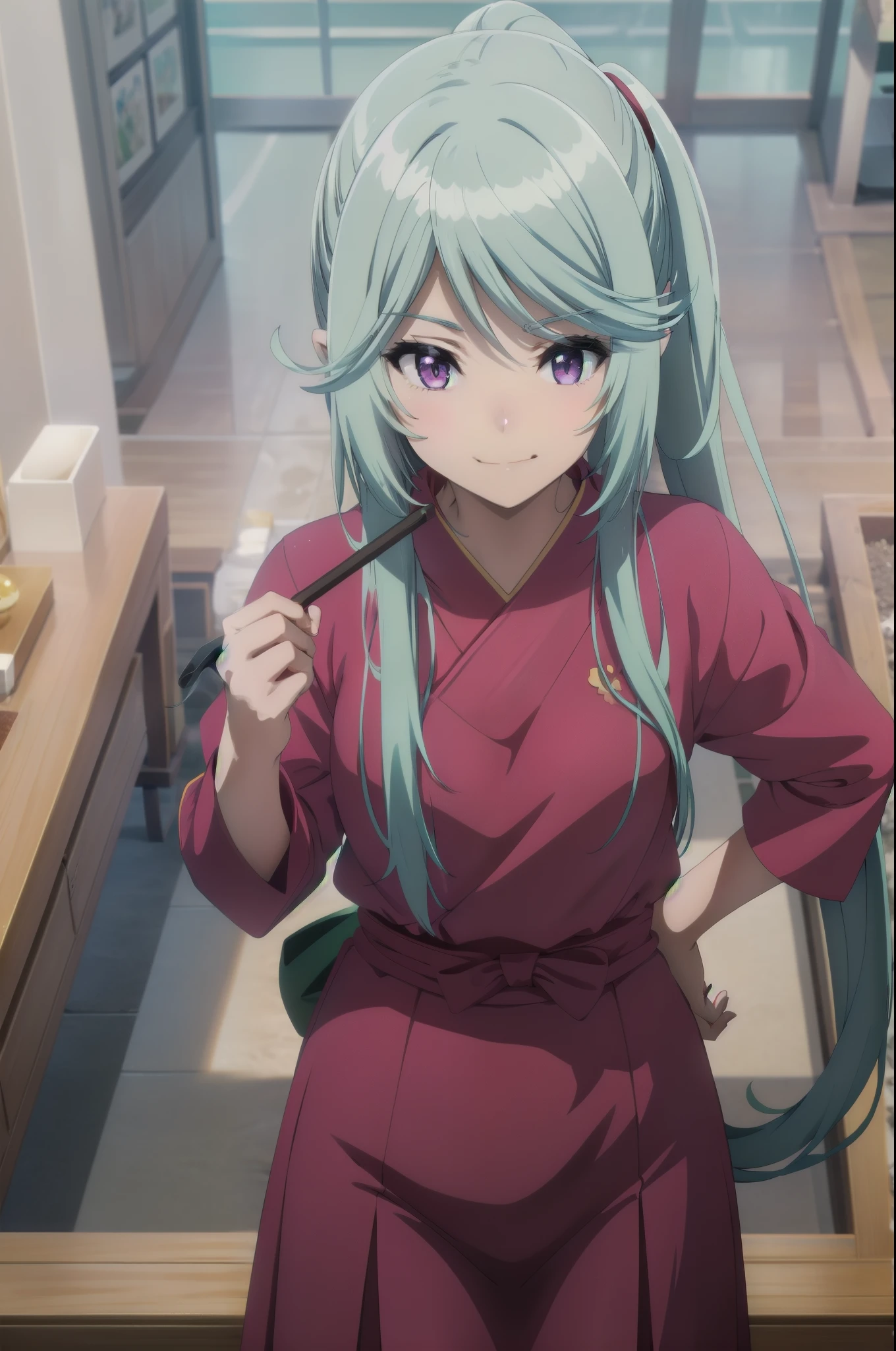 (purple,eyes,blue hair), in miko clothes cleaning the entrance of the Temple, , long hair, ponytail, white robe, (red hakama;1.45), straw broom, Tsurugaoka Hachimangu Temple, cute, kawaii, beautiful, smile posing, looking at viewer, (masterpiece, best quality:1.5) ,high resolution, extremely detailed, trending on pixiv, masterpiece, cinematic lighting, (anime art style:1.45),
