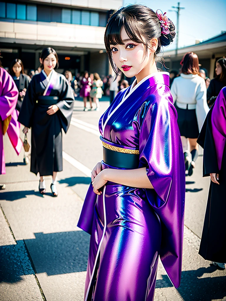 high quality, high resolution, Scenery of the city,Lots of girls,She is wearing a long-sleeved kimono made of super shiny enamel fabric.,The girls in the background are all wearing furisode kimonos made from super shiny enamel fabric.,The furisode is a high-cut leotard from the waist down.,Wearing black shiny stockings,Multicolored furisode,Heavy brainwashing makeup,purple mascara,Purple Eyeshadow,Shiny red lipstick,